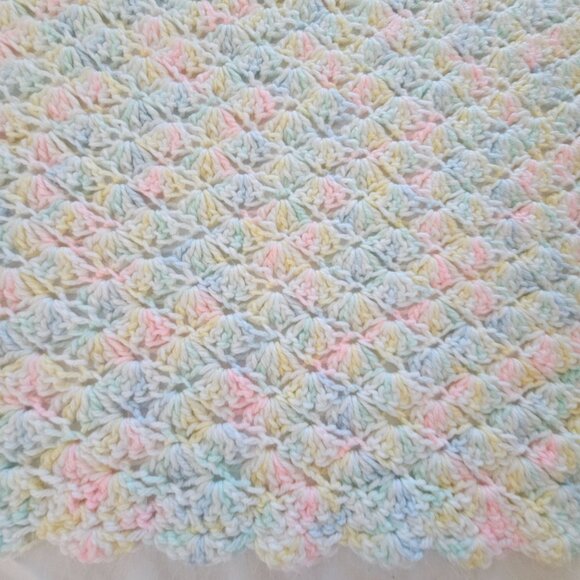 VTG Pastel Rainbow Colors Crochet/Knit Wool Square 30"x33" Baby Blanket Throw - Picture 9 of 13